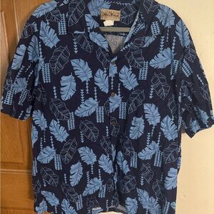 Blue Casual Button Down Shirt with Tropical Leaf and Geometric Print XL